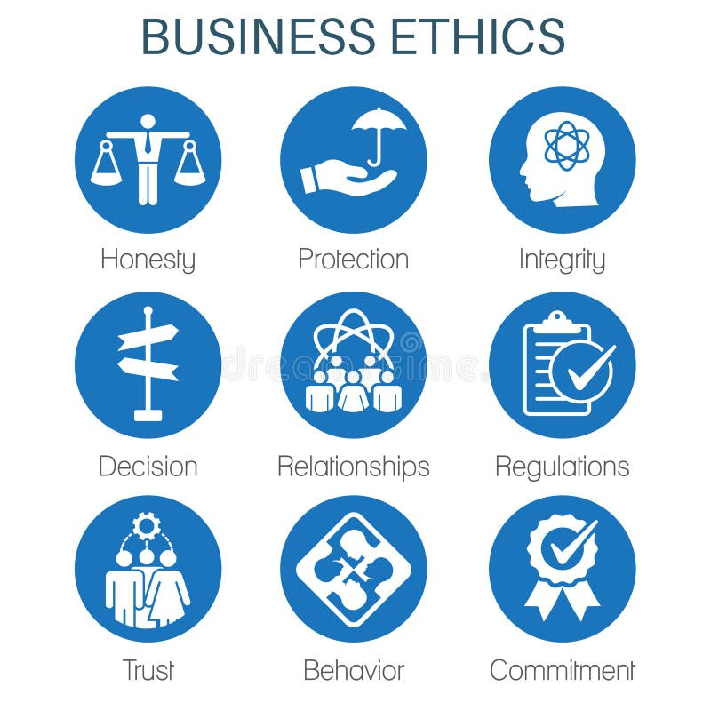 Business Ethics Solid Icon Set with Honesty, Integrity, Commitment, and Decision