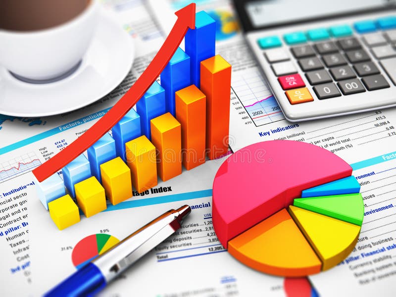 Affari finanziari, fiscali, contabili, statistiche e di ricerca analitica sulle concetto di vista macro di office calcolatore elettronico, grafico a barre, grafici a torta, diagrammi e penna a sfera e i rapporti finanziari con colorate dati con messa a fuoco selettiva effetto.