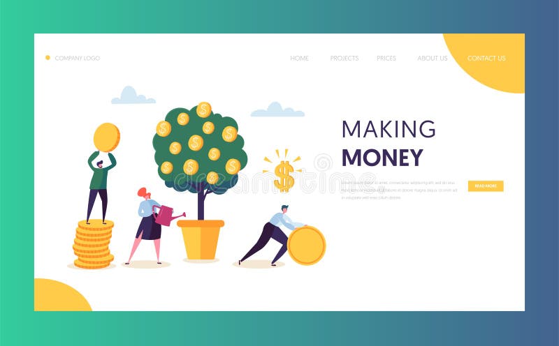 Business Financial Growth Capital Website Template. Woman Watering Money Tree. Character Team Collecting Golden Coins vector illustration Business Financial Growth Capital Website Template. Woman Watering Money Tree. Character Team Collecting Golden Coins vector illustration