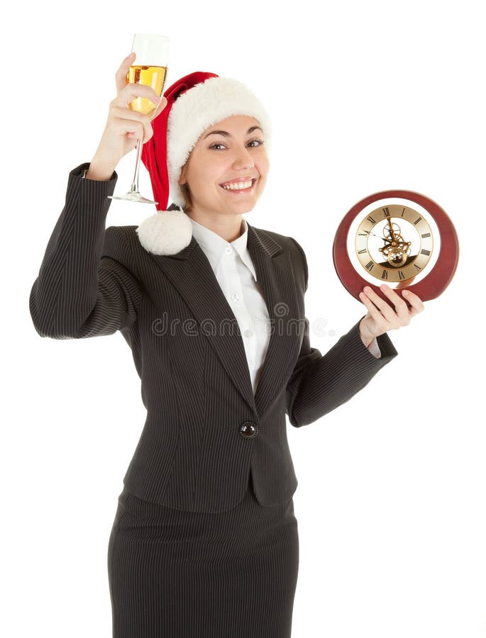 Business girl in Santa hat and with champagne