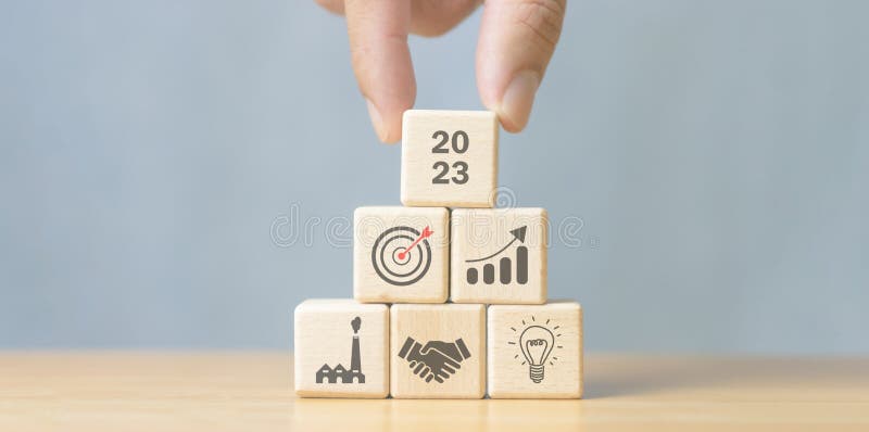 Business Goals Plans Actions 2023 Wooden Cubes with Icons Business Business Goals Plans Actions 2023 Wooden Cubes with Icons Business