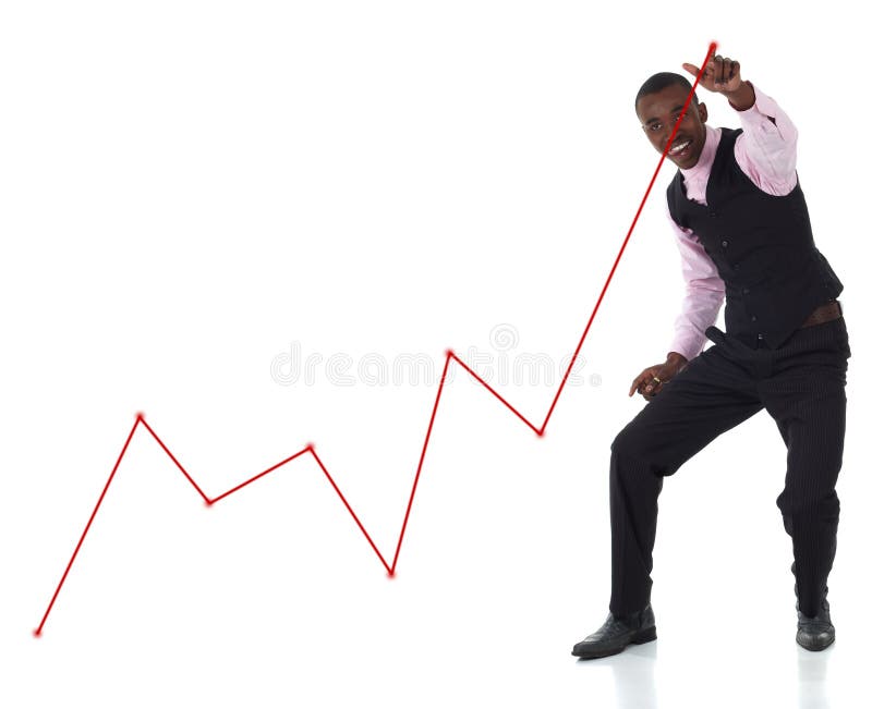Red graph drawn with his finger by a happy businessman pointing up at the highest point. Red graph drawn with his finger by a happy businessman pointing up at the highest point.