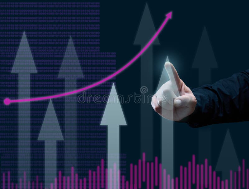 Business graph of the dynamics of indicators and a man`s hand points a finger to the highest column, dark blue background. Business growth and other parameters concept.