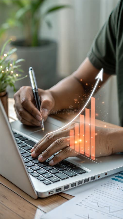 Business growth visualized with 3D bar graph on laptop. Hand holding pen over keyboard with success arrow. stock illustration