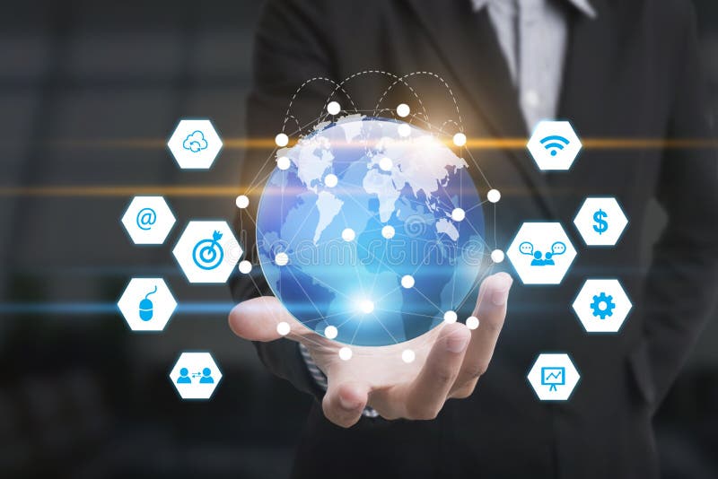 Business hand with application icons interface and globe network royalty free stock photography Business hand with application icons interface and globe network royalty free stock photography
