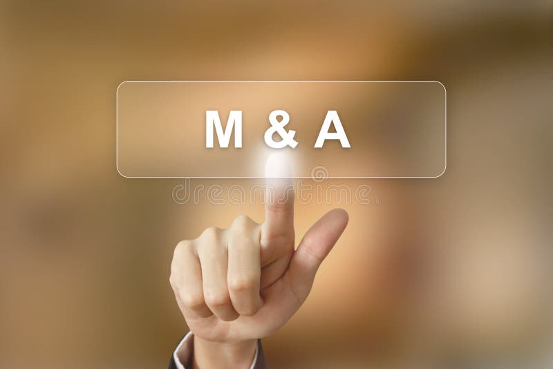 Business hand clicking merger and acquisition button on blurred