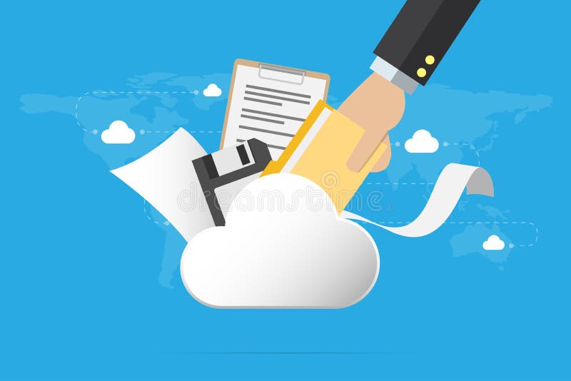 Business hand insert document into the cloud with floppy disk and papers, backup data and business concept royalty free illustration