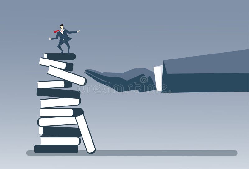 Business Hand Putting Businessman On Books Stack Strategy Success Education Intelligence Concept vector illustration
