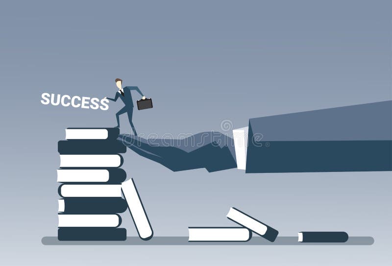 Business Hand Putting Businessman On Books Stack Strategy Success Education Intelligence Concept stock illustration