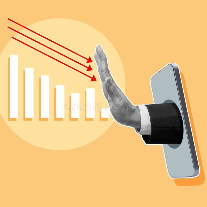 The business hand refuses a decrease the financial graph through the mobile screen. On a colored background. Business collage. Decrease image stock images, royalty-free photos and pictures