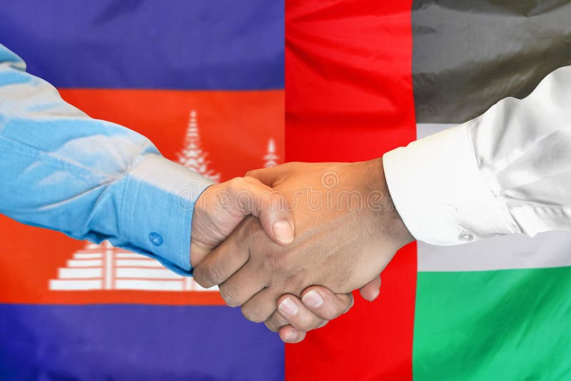 Handshake on Flag of United Arab Emirates and Cambodia Flag Background