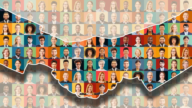 Business handshake in front of panorama of colorful business portraits royalty free stock image