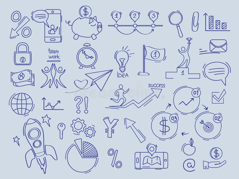 Business icon. Investment finance money in bank symbols of comerce office documents vector doodles collection