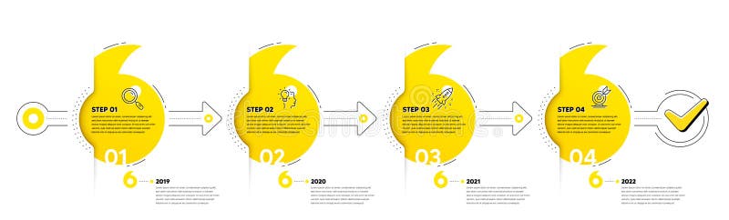 Business Infographic 4 steps timeline. Workflow process with Research, Idea, Startup and Goal target icons. Vector stock illustration