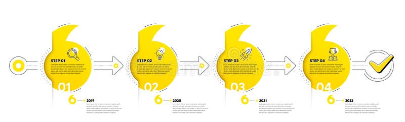 Business Infographic 4 steps timeline. Workflow process with Research, Idea, Startup and Winner cup icons. Vector royalty free illustration