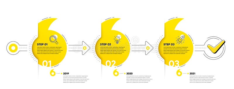 Business Infographic template. 3 steps timeline. Workflow process with Research, Idea, Startup rocket icons. Vector vector illustration