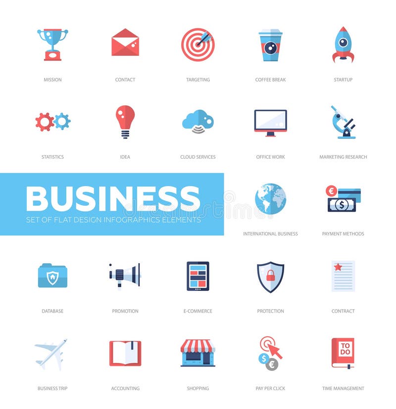 Business infographics flat design icons, web elements set vector illustration Business infographics flat design icons, web elements set vector illustration