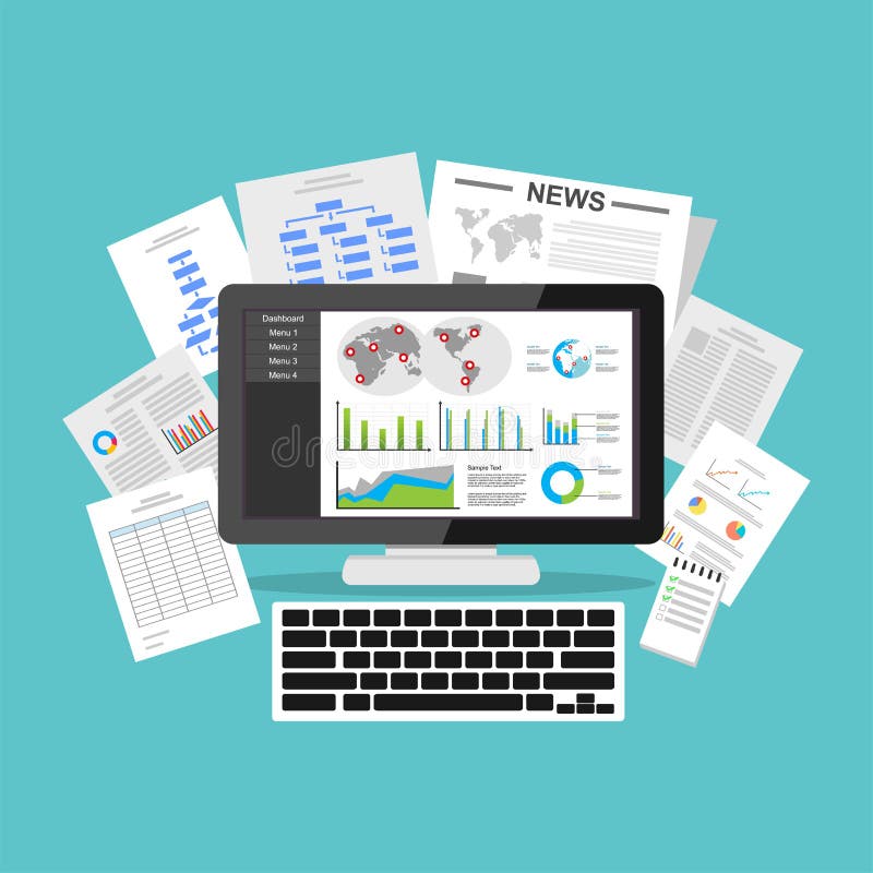 Business intelligence dashboard application. Data visualization on desktop screen royalty free illustration