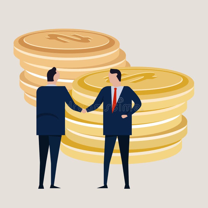 Business investment agreement standing handshake wearing suite formal. Bring money cash coin. Concept vector stock illustration Business investment agreement standing handshake wearing suite formal. Bring money cash coin. Concept vector stock illustration
