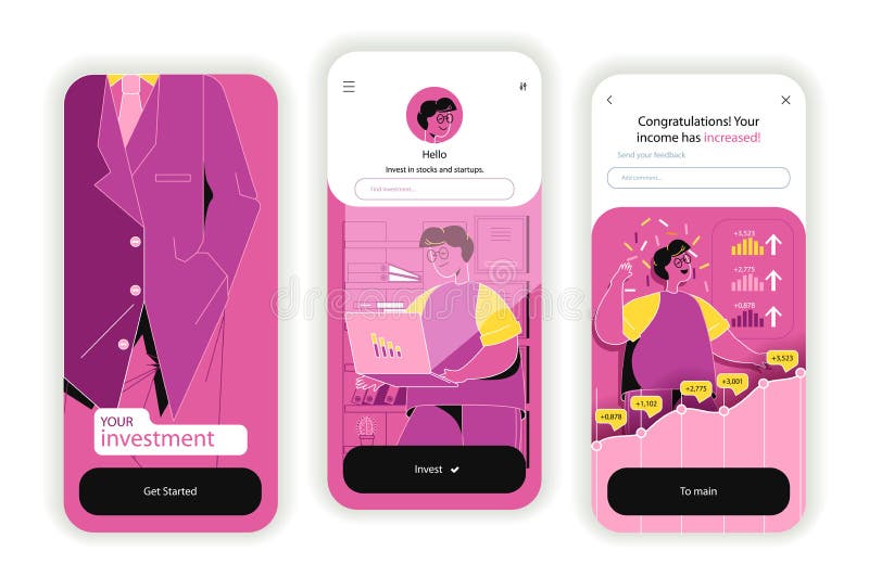 Business investment concept onboarding screens. UI, UX, GUI user interface kit stock illustration