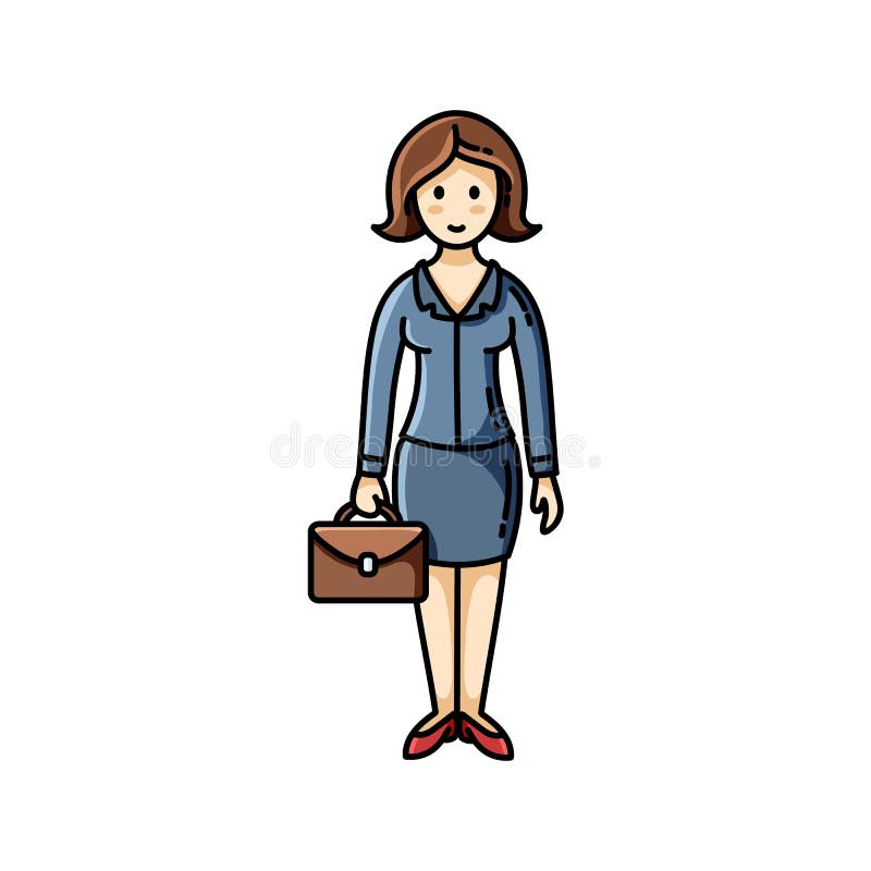 Business lady with briefcase flat icon. Clip art piece. Infographic element. Vector character