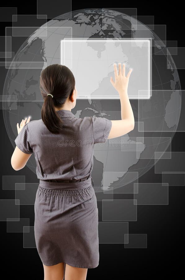 Business lady pushing button on the whiteboard. royalty free stock photography