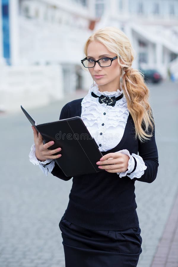 Business Lady Woman Dressed In Working Serious Skirt And Shirt Posing