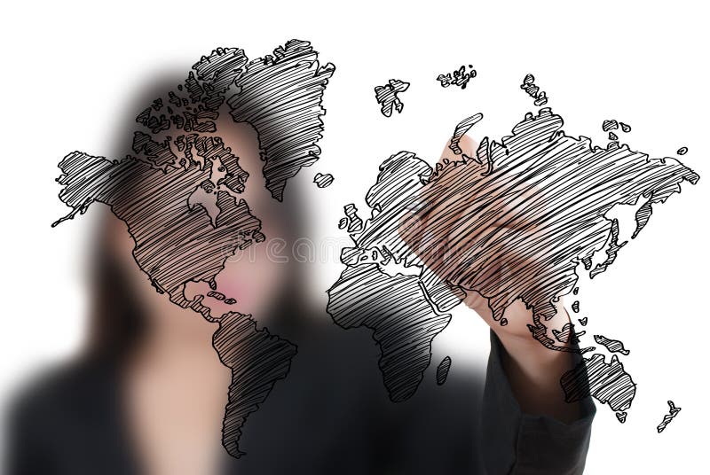 Business Lady write World Map Globe line. royalty free illustration