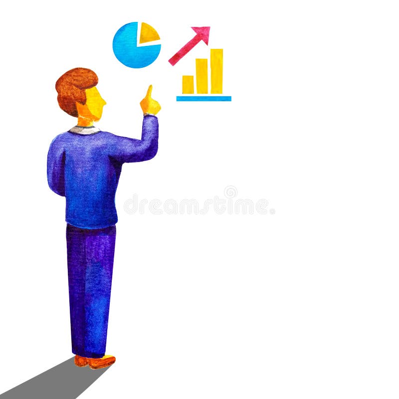 Business Learning Concept. Teacher office worker business man in a blue suit presents and shows gestures with his finger up to the vector illustration