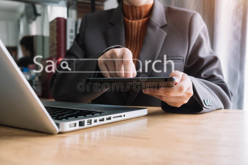 Business male clicking internet search page on computer. Business male clicking internet search page on computer touch screen in office royalty free stock photos Business male clicking internet search page on computer. Business male clicking internet search page on computer touch screen in office royalty free stock photos