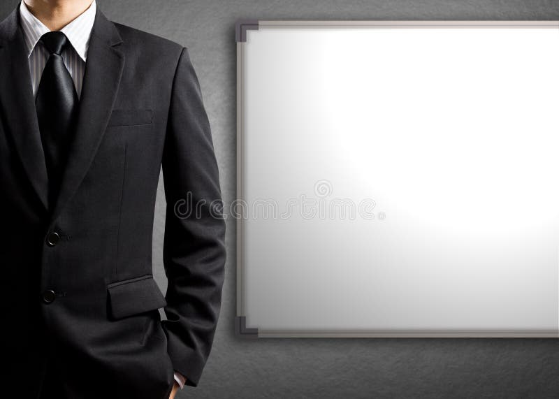 Business man and blank white board