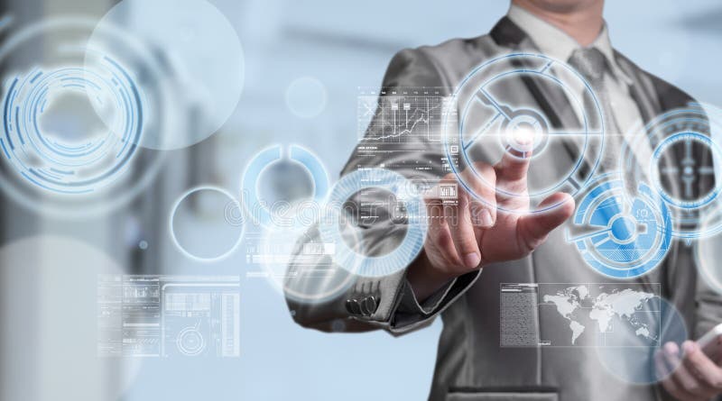 Business man in blue grey suit using digital pen working with di stock photography