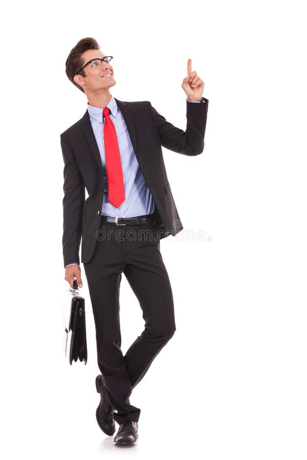 Business man with briefcase pointing up