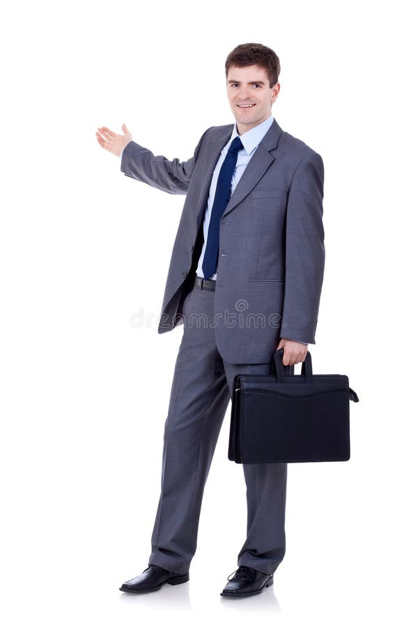 Business man with briefcase presenting