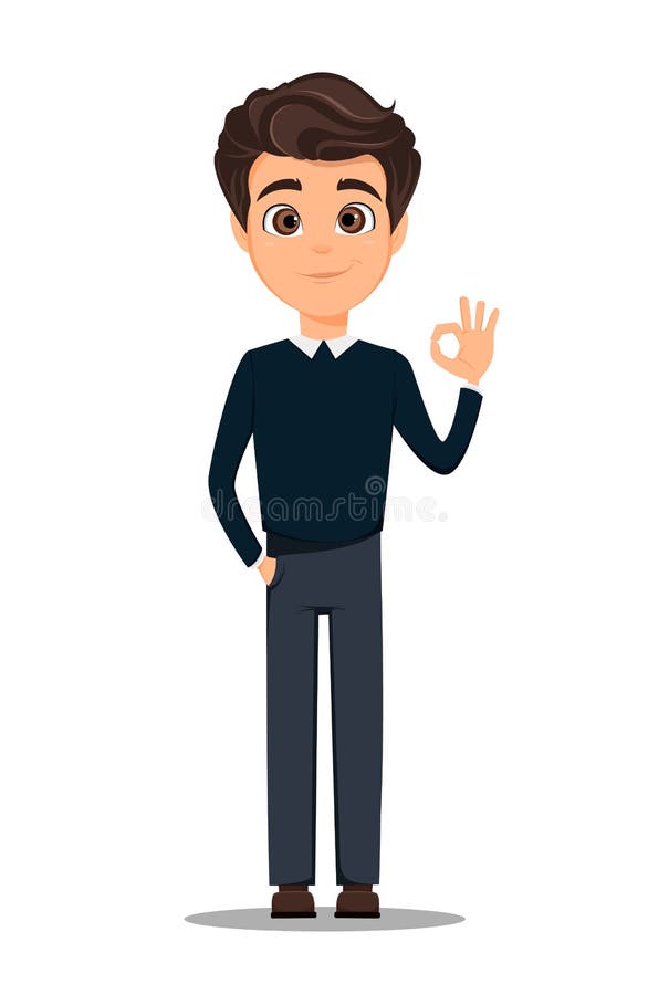 Business man cartoon character. Young handsome smiling businessman in smart casual clothes showing OK gesture vector illustration Business man cartoon character. Young handsome smiling businessman in smart casual clothes showing OK gesture vector illustration