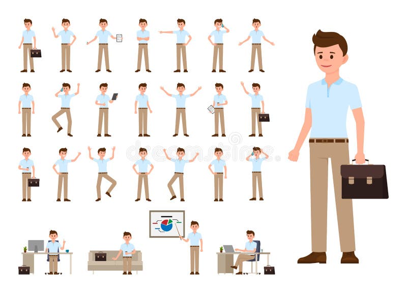 Business man in casual office look cartoon character set. Vector illustration of office person in different poses.