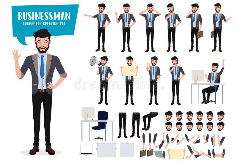 Business man character create kit vector set. Businessman characters friendly male office employee editable creation.