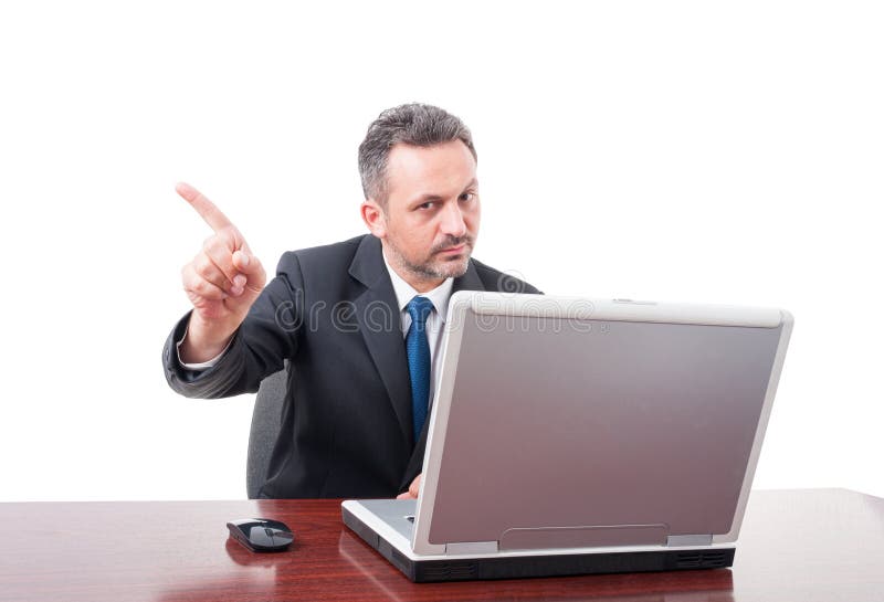 Business man doing refusal gesture with index finger isolated on white studio background