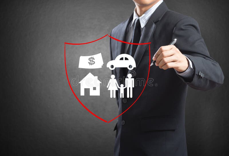 Business man drawing shield protecting family, house, car money. insurance concept