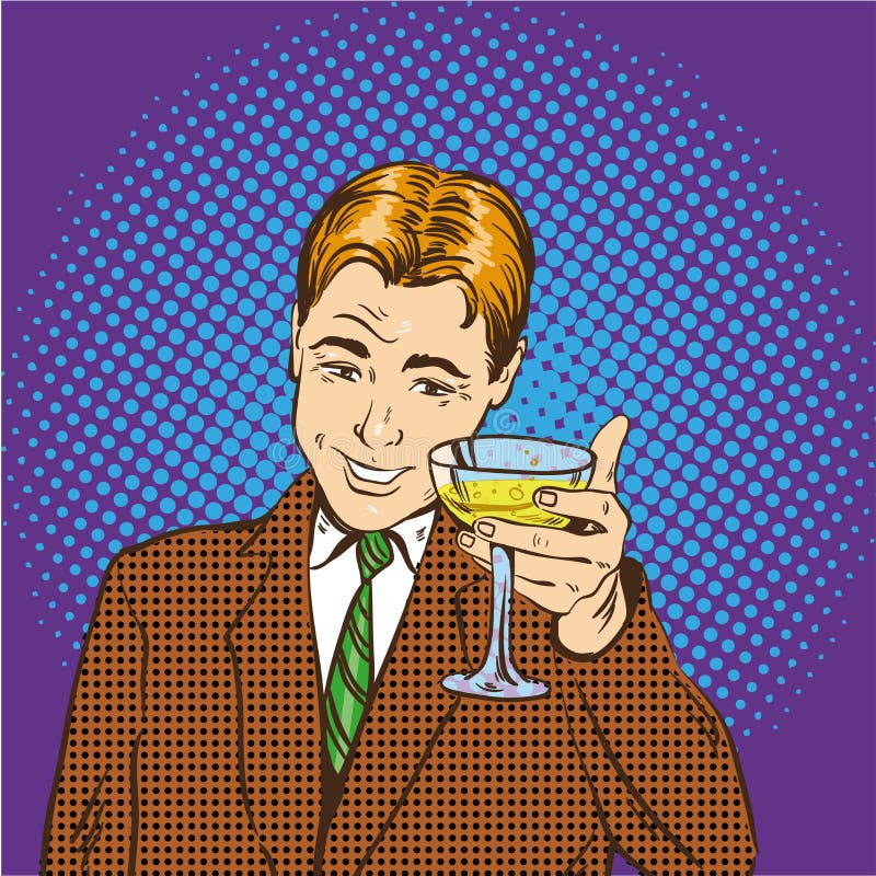 Business man with glass of champagne celebrates closed deal. Cheers and party concept vector illustration in retro pop