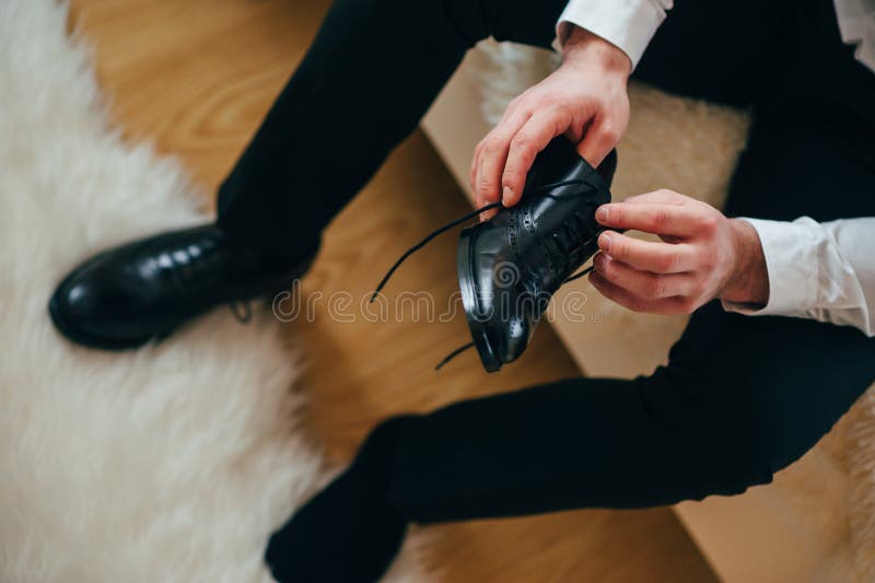 Business Man or Groom Dressing Up with Classic Elegant Shoes. Stock ...