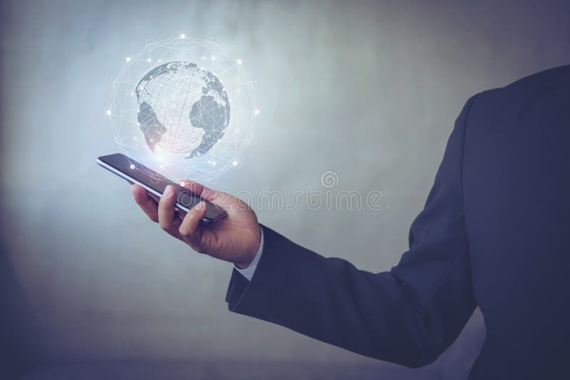 Business man hand holding smart phone with virtual screen World map , network connection, international meaning, copy space. Global network connection map stock images, royalty-free photos and pictures