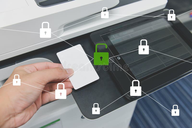 Business man hand is using smart card to printing document with locked and unlocked key icon for data protection concept stock photos