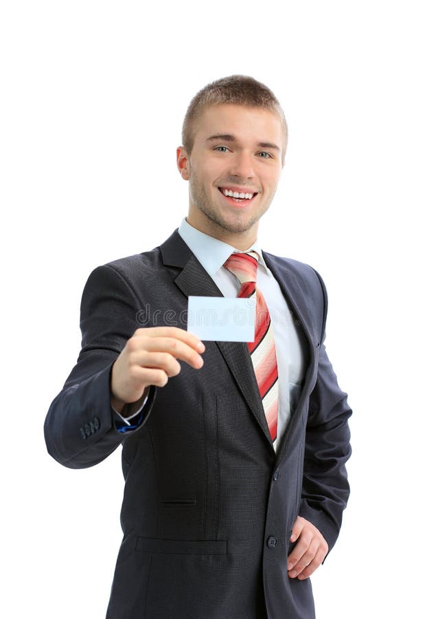 Business man handing a blank business card royalty free stock photos