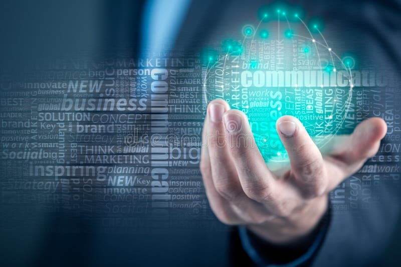 Business man holding abstract earth globe stock photo