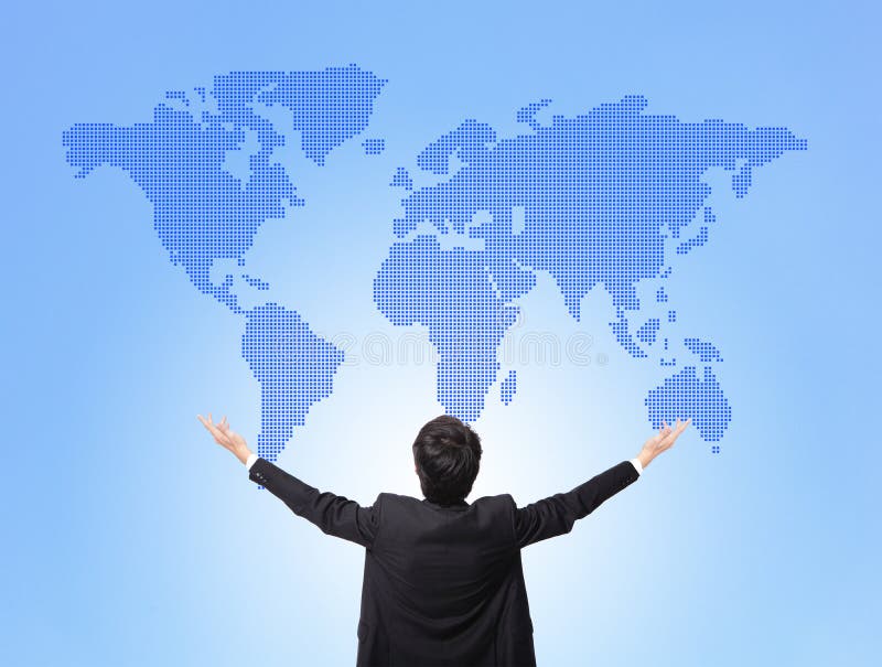 Business man hug global map , blue background, back view, concept for globe business, asian people. Global network connection map stock images, royalty-free photos and pictures