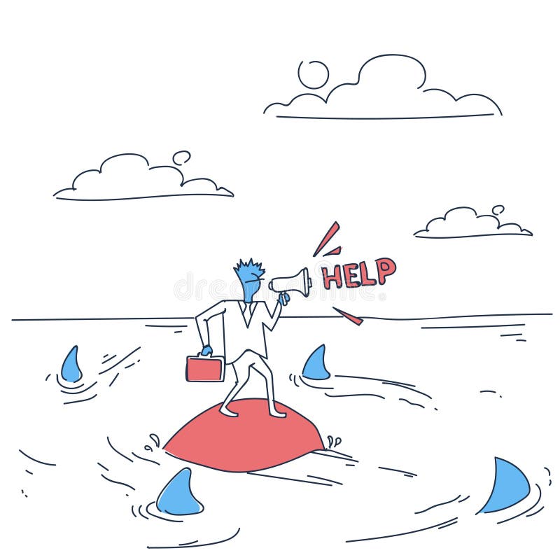 Business Man On Island In Sea Water With Sharks Around Asking Help Concept Financial Crisis royalty free illustration Business Man On Island In Sea Water With Sharks Around Asking Help Concept Financial Crisis royalty free illustration