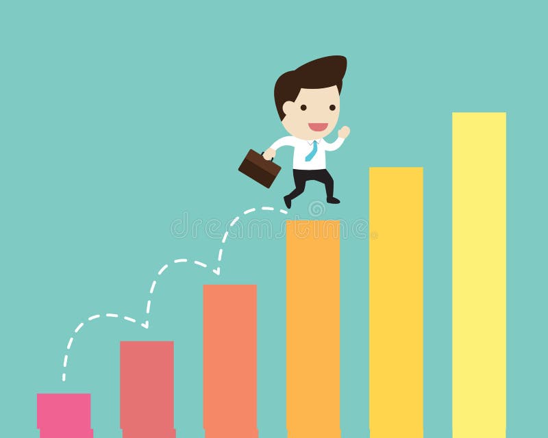 Vector business man jump over growing chart in flat design