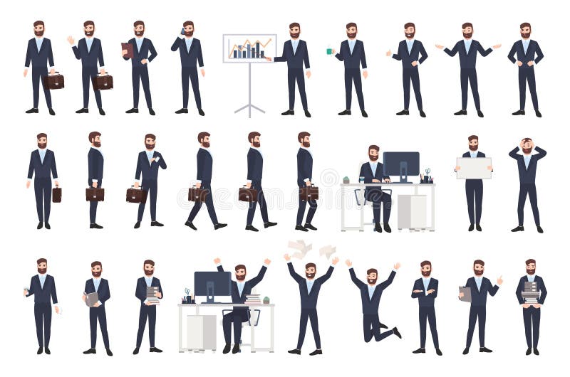 Business man, male office worker or clerk with beard dressed in smart suit in different postures, moods, situations