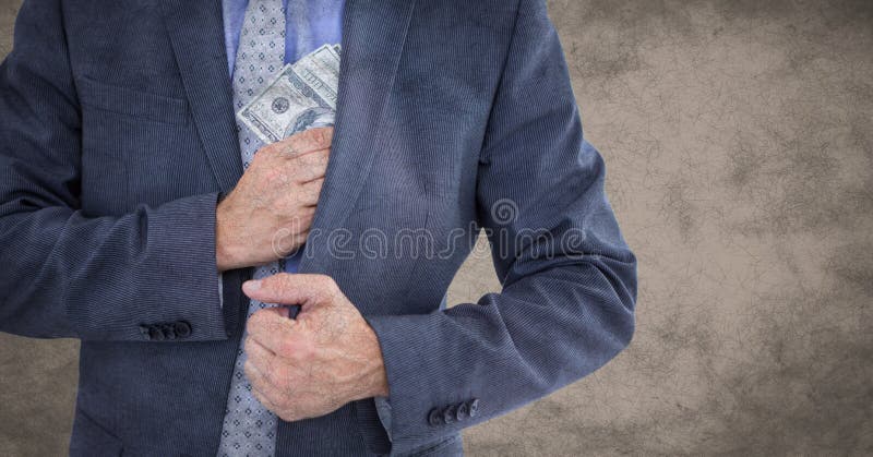 Digital composite of Business man mid section putting money away against brown grunge background